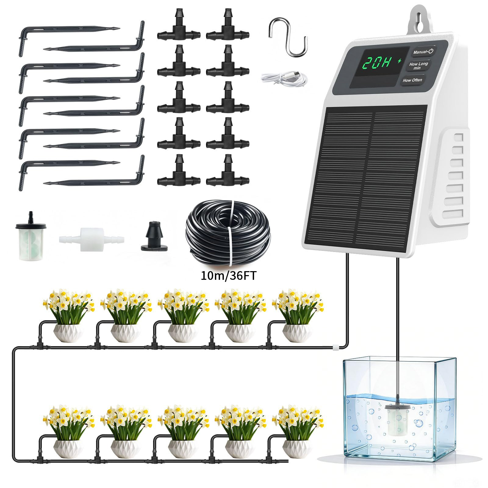 Smart Garden Tower - ระบบให้น้ำหยดด้วยพลังงานแสงอาทิตย์แบบอัตโนมัติรุ่นอัปเกรด อุปกรณ์รดน้ำต้นไม้สำหรับบ้าน สวน ระเบียง โรงเรือน และต้นไม้แขวน